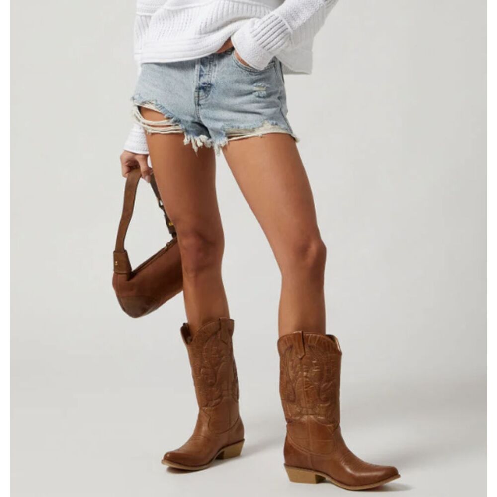 ~ NEW PacSun 27 Denim Festival Shorts Boho Acid Wash Rip Button High Waist Blue